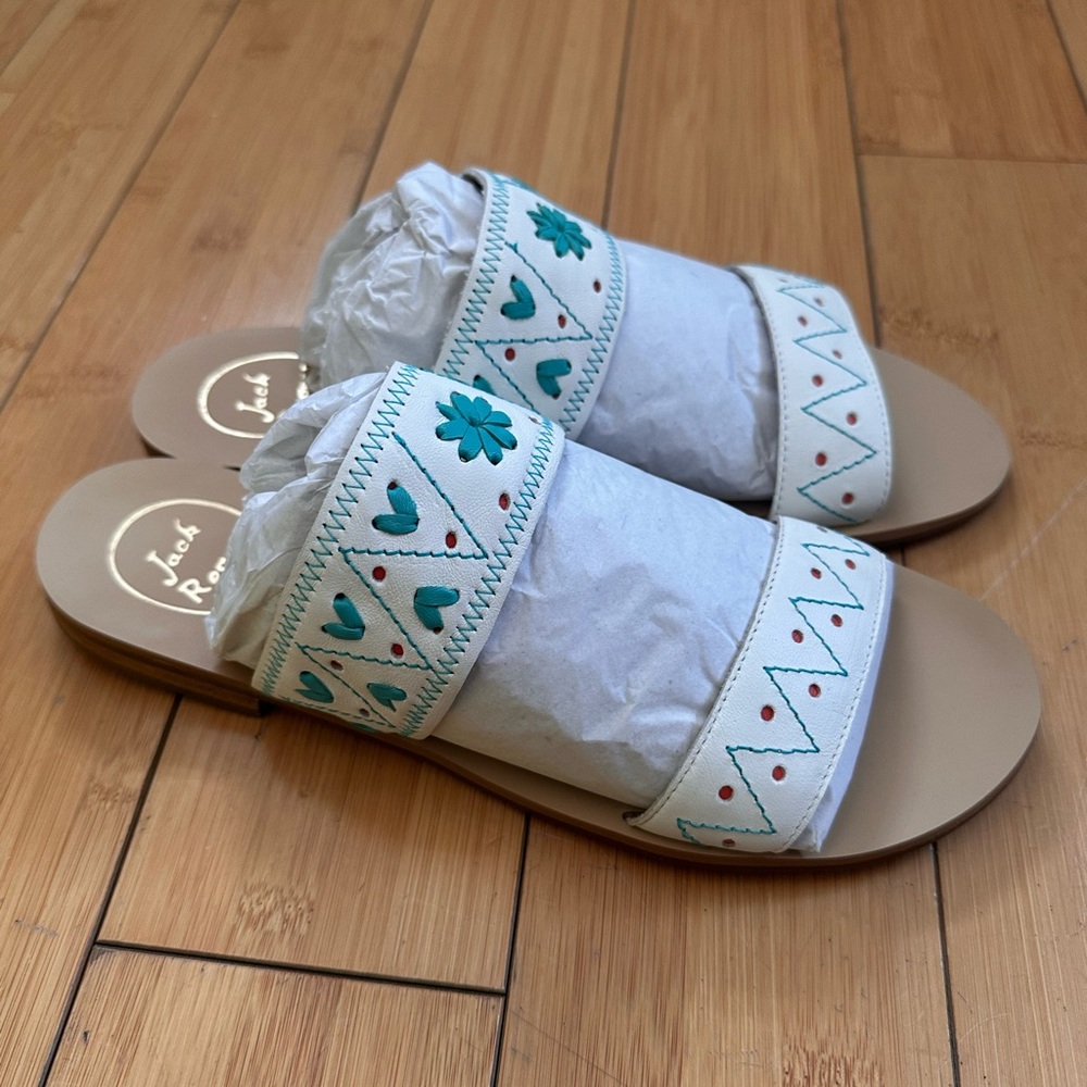 Jack Rogers White Leather Embroidered Slide Sandals - Teal Accents